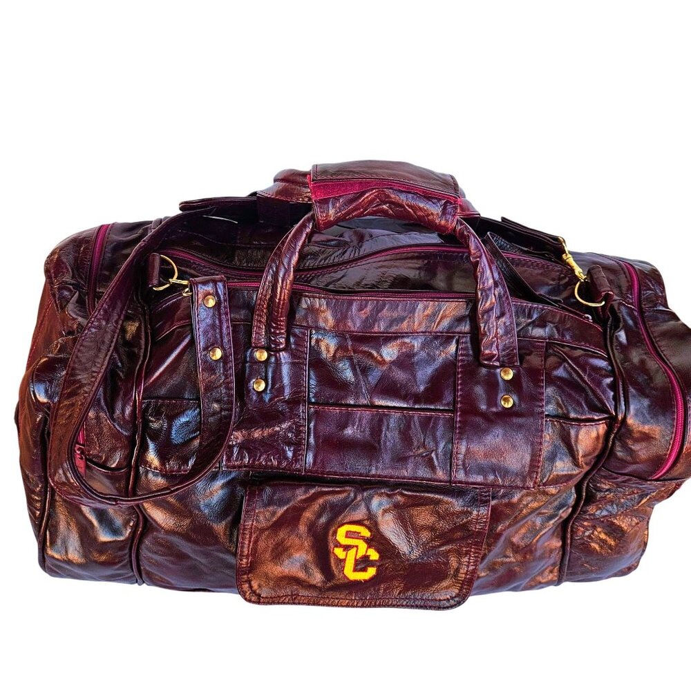USC Trojans Vintage Patchwork Maroon Leather Duffel 22" Carroll Leather 70s-80s - Picture 2 of 12